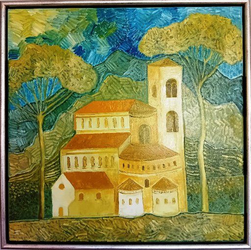 Kerk in umbrie.jpg - Kerk in Umbrië, olieverf op doek, 60x60cm